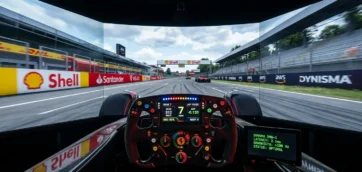 Interior view of the new Ferrari F1 simulator featuring Dynisma DMG-1 low-latency technology, showing a carbon fiber steering wheel and immersive wraparound screens in a professional blackout room.