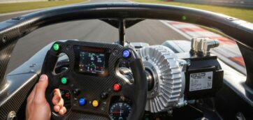 Direct drive wheel sim racing setup in Formula-style cockpit