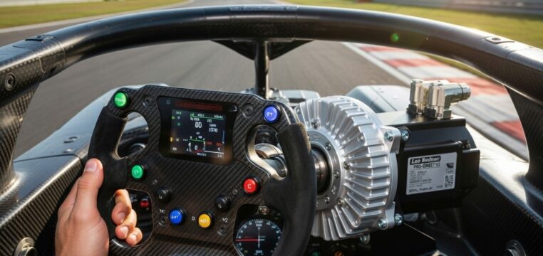 Direct drive wheel sim racing setup in Formula-style cockpit