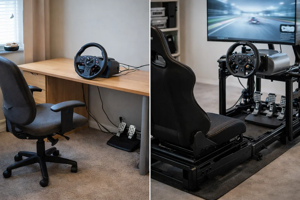 Comparison between minimal desk sim racing setup and full cockpit rig with direct drive wheel