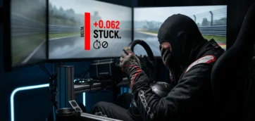 A desperate sim racer with gloved hands covering his face, slumped in his cockpit after seeing a static red +0.062 delta on his monitors, illustrating total frustration with being stuck at the same lap time.