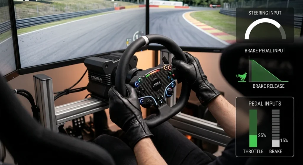 Smooth and Progressive Cockpit Inputs Facilitated by High-End Direct Drive Sim Racing Hardware.