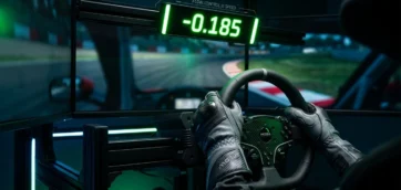 Cinematic close-up of a sim racer's hands on a Direct Drive wheel, with a glowing green LED timer showing -0.185 and 'FLOW: CONTROL IS SPEED', illustrating the reward of smooth driving.