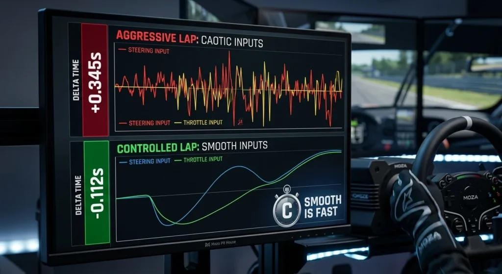 A detailed comparison screenshot of two sim racing telemetry graphs. Top shows chaotic, jagged inputs and a +0.345s delta. Bottom shows smooth, fluid inputs, a -0.112s delta, and the text 'SMOOTH IS FAST', illustrating controlled driving.