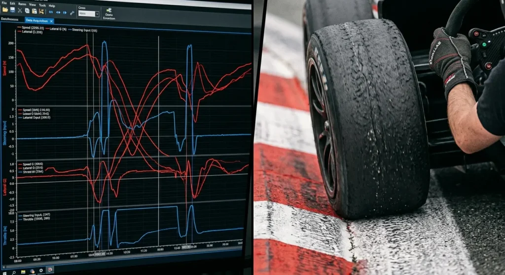 sim racing telemetry data compared to real tire behavior showing gap between perception and actual car feedback