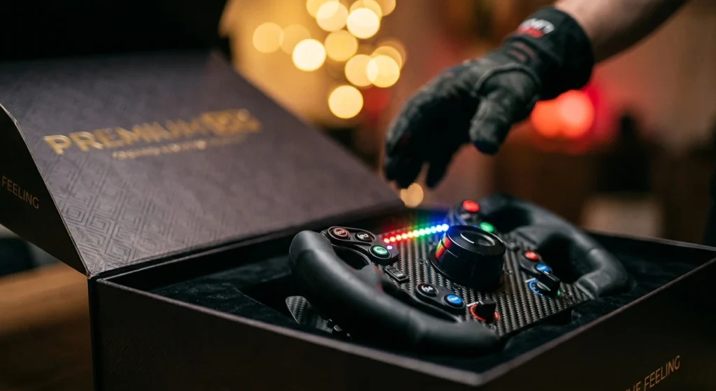 sim racing steering wheel unboxing showing emotional desire and premium hardware appeal