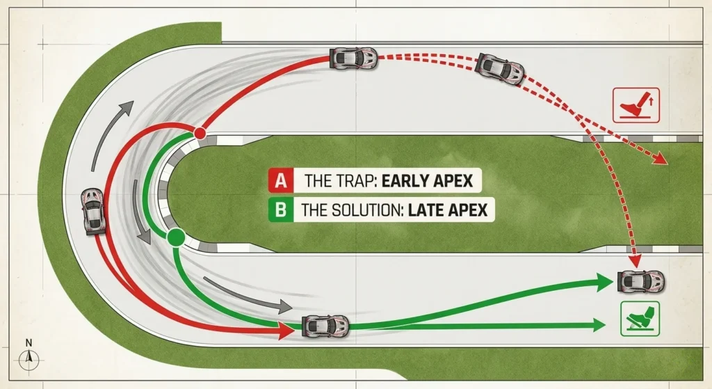Sim Racing Line Comparison: Late Apex vs Early Apex for Exit Speed.