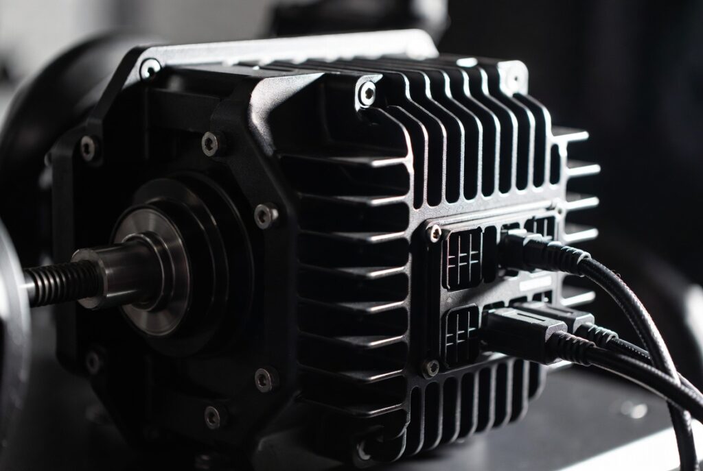 Close up of a heavy duty direct drive wheelbase showing the raw torque motor and industrial build quality